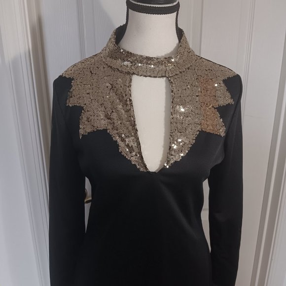 Spring Black Navy Gold Midi Dress  Long Sleeve women - Picture 3 of 7